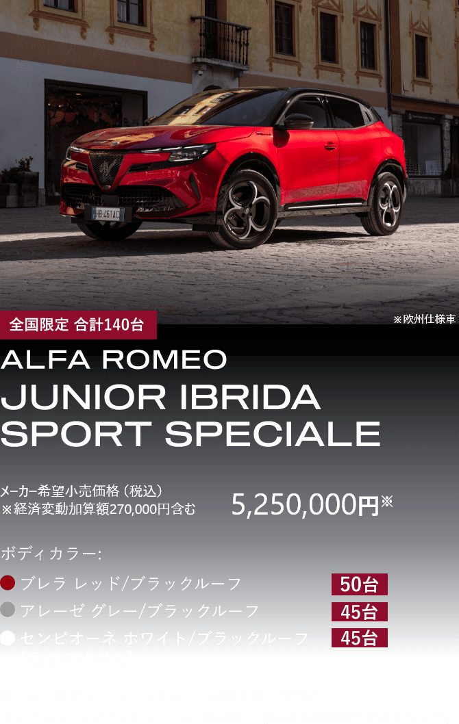 全国限定 合計140台 ALFA ROMEO JUNIOR IBRIDA SPORT SPECIALE メーカー希望小売価格（税込）5,250,000円 ※経済変動加算額270,000円含む ボディカラー:ブレラ レッド/ブラックルーフ 50台、アレーゼ グレー/ブラックルーフ 45台、センピオーネ ホワイト/ブラックルーフ［限定車特別色］ 45台 ※アレーゼ グレー/ブラックルーフは80,000円（税込）、ブレラ レッド/ブラックルーフは100,000円（税込）の別途費用がかかります。